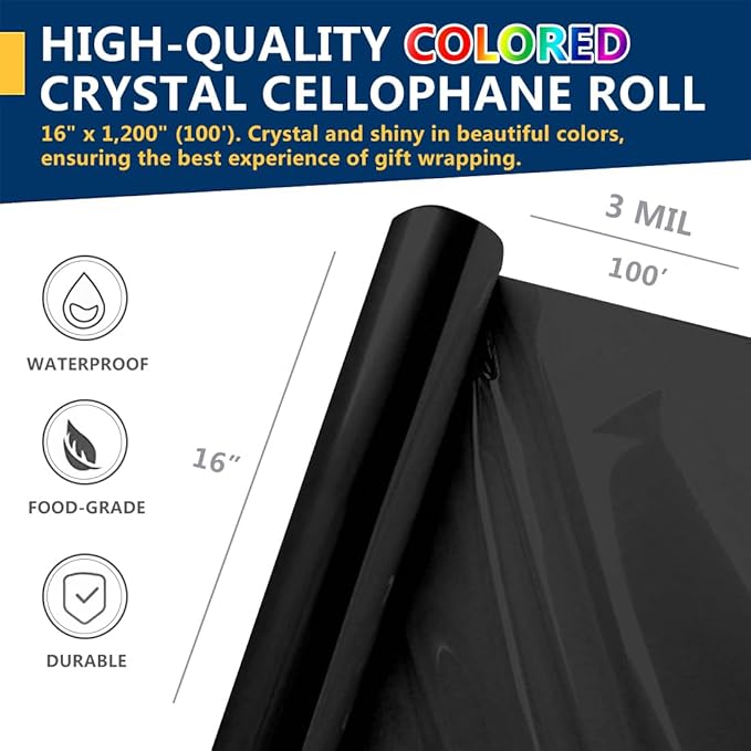 PerkHomy Colored Cellophane Wrap Roll 16" x 100' 3 Mil Thick Cellophane For Gift Basket Treats Goodie Wrapping Craft Flower Bouquet Plastic (Black, 100ft (16in Width))