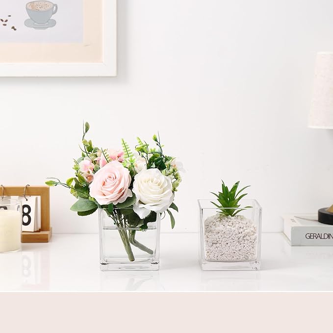 Square Clear Glass Vases Set of 2, 6" x 6" x 6" Square Vase for Centerpieces, Flower Vases for Centerpieces, Small Vase for Wedding, Party, Home Office Decoration
