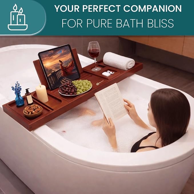 Bathtub Tray & Bath Tray for Tub – Expandable Bamboo Bath tub Tray, Bathtub Caddy, Adjustable Foldable Waterproof Bath Trays for tub with Phone, Wine Glass, Book & Tab Holder (Free Soap Dish)