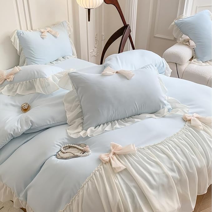 Girls Lace Bedding,Full Comforter Cover Set, Chic Ruffled Duvet Cover with Lovely Bow,Princess Style 1 Duvet Cover with 2 Pillowcases, No Comforter-Blue,Full Size