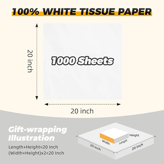 Simetufy 1000 Sheets White Tissue Paper Bulk, 20" x 20" Packing Supplies for Moving & Packaging, Gift Wrapping Tissue Paper for Gift Bags, Weddings, Birthday, Holidays, and Christmas Crafts Decor