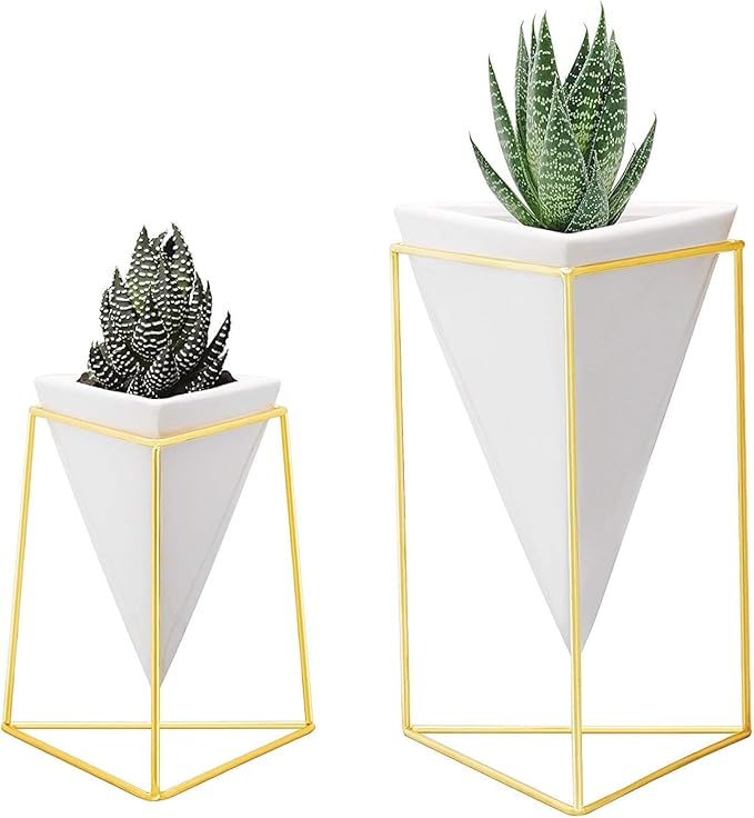 Modern Geometric Table Vases - Set of 2, 1 x Large, 1 x Small, White Ceramic Porcelain Style Baskets, with Decorative Brass Wire Frames - Accents Blue, Turquoise, and Yellow Flowers