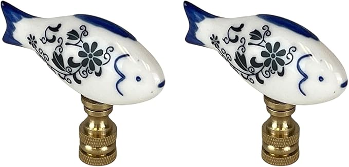 Royal Designs, Inc. Porcelain Fish Finial for Lamp Shade, Polished Brass, Blue & White, Pack of 2