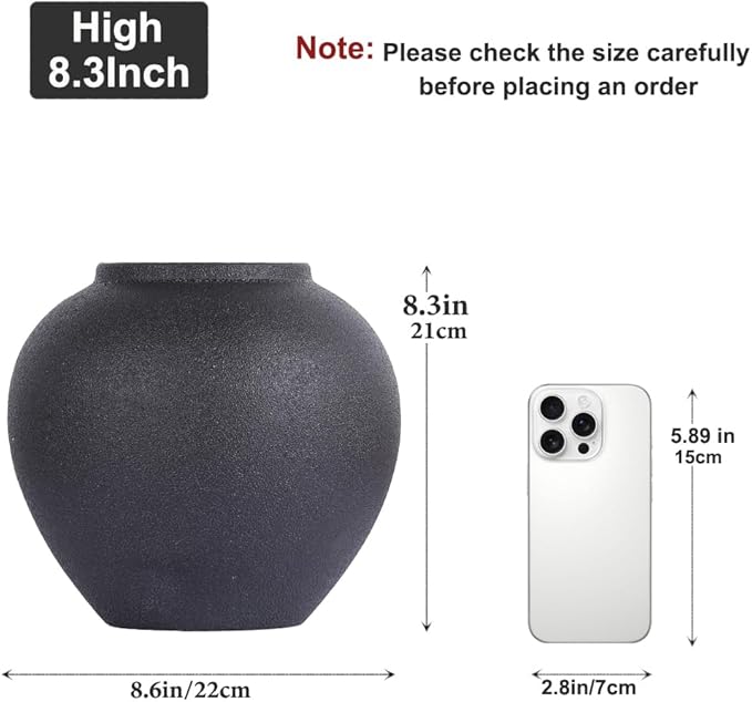 Rustic Ceramic Vase, 8.3" Black Farmhouse Tall Vase, Vintage Vases, Modern Terracotta Decor Vases for Home Decor, Living Room, Entryway, Table Centerpieces, Shelf, Kitchen, Housewarming Gifts