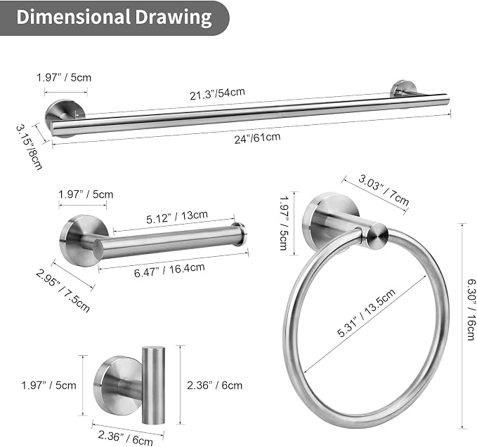 Brushed Nickel Bathroom Hardware Accessories Set 5 Piece, Stainless Steel Bath Towel Bar Set 24 Inch,Toilet Paper Holder,Towel Ring Holder,Towel Rack Set, Brushed Nickel