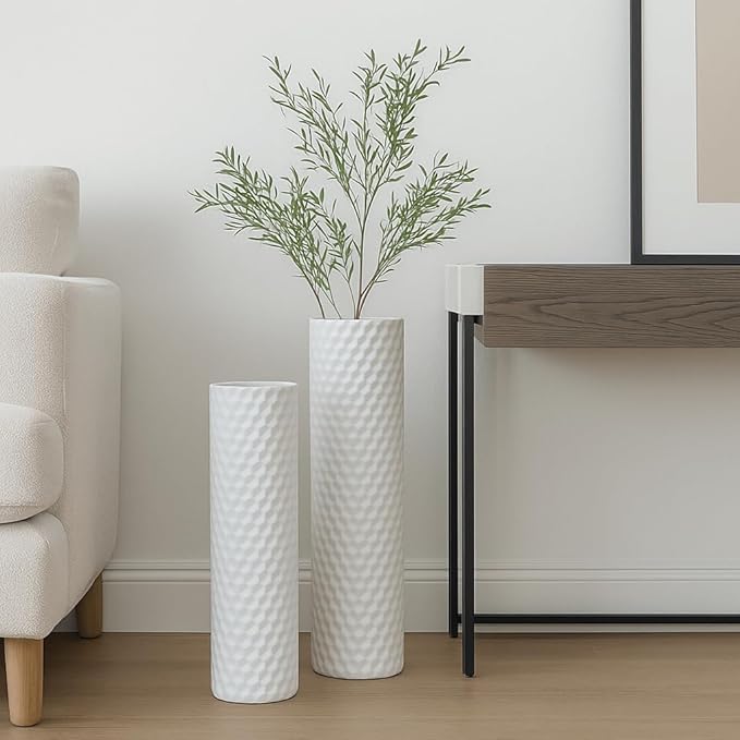 Leewadee White Tall Floor Vase, Set of 2 Decorative 24/19″ Large White Vases from Metal for Home Decor Living Room, Style with Pampas Grass for Modern, Vintage, Rustic or Farmhouse Room Decor