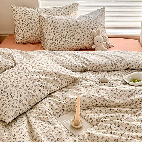 EAVD Garden Style Small Floral Duvet Cover Queen Soft 100% Cotton Chic Shabby Garden Floral Bedding Set with 2 Pillowcases Vintage Style Botanical Duvet Cover with Zipper Closure