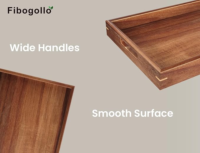 Fibogollo Set of 2 Acacia Wood Serving Tray with Handles,Decorative Trays Platter,Breakfast Tray in Bed,Food Drinks Tray for Eating,Working,Storing(Brown)