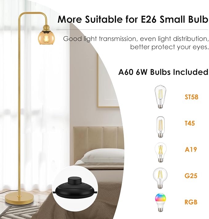 Modern Floor Lamp for Living Room with 6W LED Bulb, Industrial Floor Lamp, Amber Glass, Classic Reading Tall Lamp for Home Office, Standing Lamp for Study, Minimalist, Vintage, Mid Century, Brass Gold