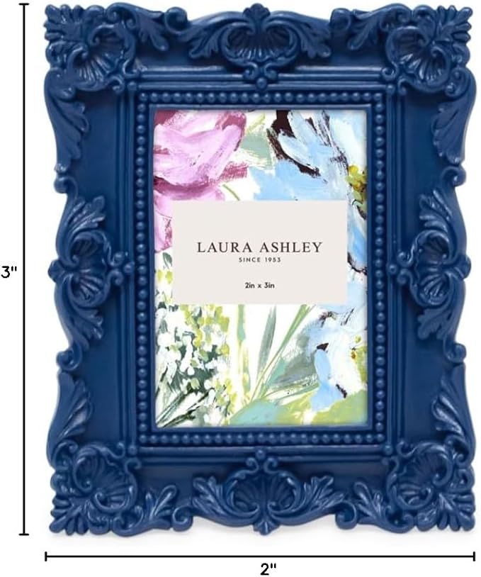 Laura Ashley 2x3 Navy Ornate Textured Hand-Crafted Resin Picture Frame with Easel, for Tabletop & Wall Display, Decorative Floral Design Home Décor, Photo Gallery, Art & More (2x3, Navy)