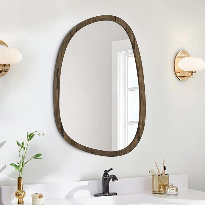 Brown Irregular Mirror for Wall Decor Modern Asymmetrical Wooden Framed Wall Mirror Unique Shape Vanity Artistic Oval Mirror Decorative for Bedroom Bathroom Living Room Entryway Hallway Large