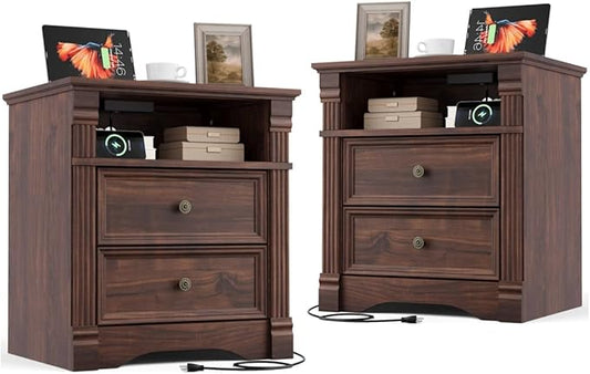 Walnut Nightstand Set of 2 with Charging Station, Farmhouse End Table with 2 Drawers and Open Shelf, Wooden Bedside Table with Metal Handles, Vintage Design, Organizer for Bedroom, Hallway