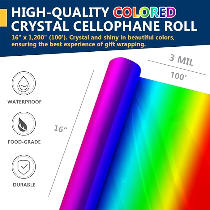 PerkHomy Colored Cellophane Wrap Roll 16" x 100' 3 Mil Thick Cellophane For Gift Basket Treats Goodie Wrapping Craft Flower Bouquet Plastic (Rainbow, 100ft (16in Width))
