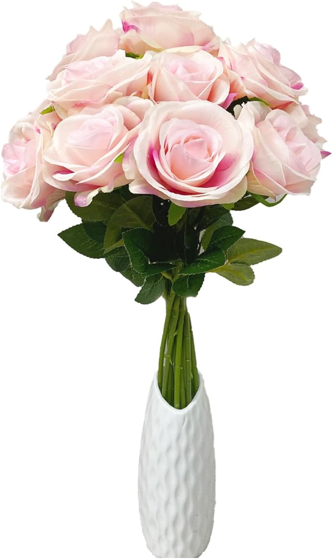 12 PCS Rose Artificial Silk Flowers, Fake Roses with Long Stems Realistic Faux Rose Flower Bouquets for Home Wedding Decoration Party-Gradient Pink