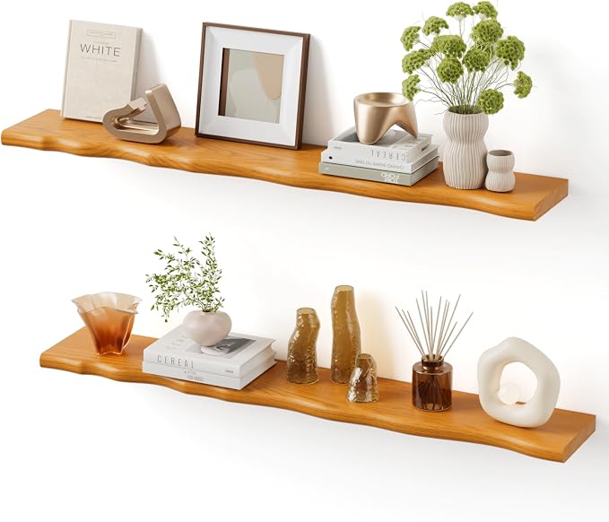 Solid Wood Live Edge Floating Shelves Set of 2 – 48" Rustic Wall Shelf with Hidden Bracket System, Wall Mounted Shelves for Bathroom, Kitchen, Living Room, Bedroom (Honey Walnut)