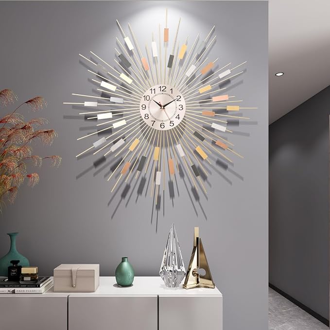24" Large Sunburst Wall Clock, Boho Modern Farmhouse Metal Decorative Clock, Silent Non‑Ticking Battery Powered, Mid‑Century Starburst Art Decor for Living Room Bedroom Office Home