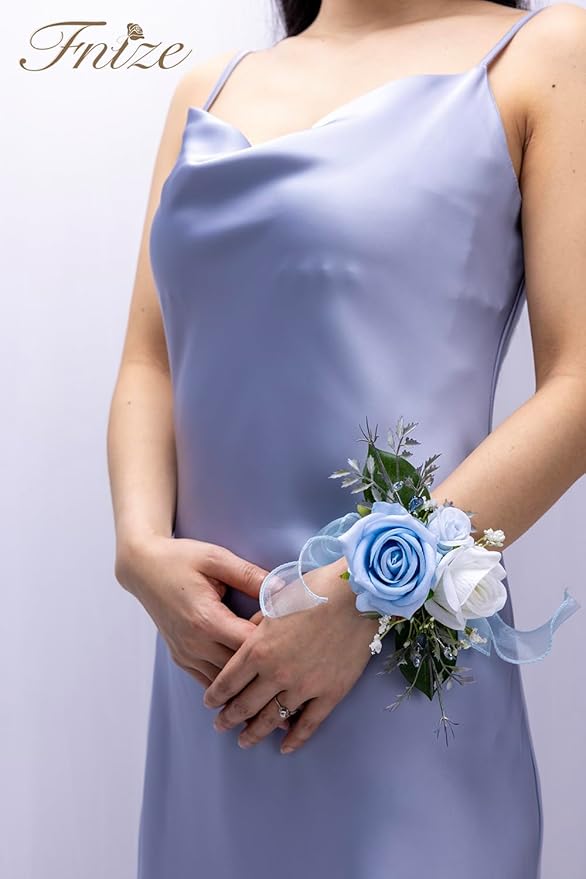 Fnize Blue Corsage and Boutonniere Set for Bride Groom Bridesmaids Groomsmen Wedding Homecoming Flowers Prom Suit Accessories, Rose Boutonniere and Wrist Corsage Flower