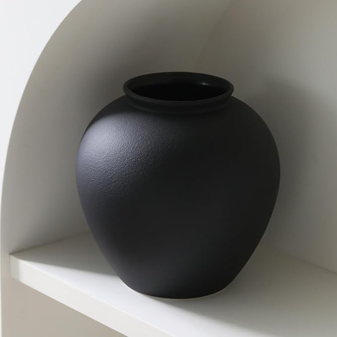 Large Black Ceramic Flower Vase,Decorative Jar Flower Vase, Decorative Jar Modern Centerpiece Table Decorations,Rustic Ceramic vases for Home Decor Dining Room (Black, 0617)