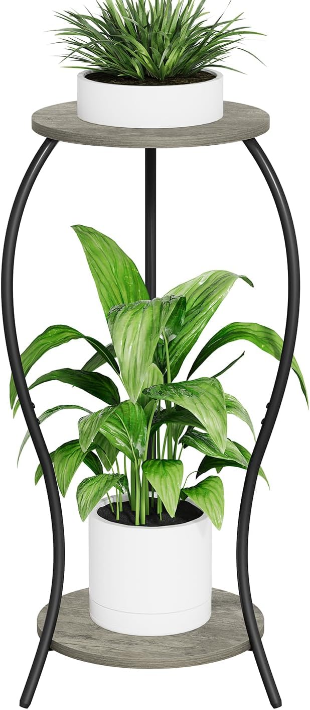 Plant Stand Indoor, 2 Tier Round Tall Plant Stand, Flower Pot Stand, Plant Shelf Rack, Corner Plant Stand for Planter Garden Balcony Patio Living Room, Grey