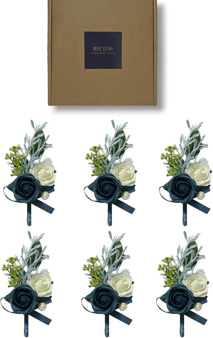 6PCS Navy Blue Boutonniere for Men, Groomsmen Guest Boutonniere, Artificial Flowers for Wedding Decor Prom Homecoming