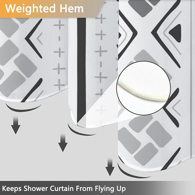 Boho Geometric Grey Shower Curtain, Modern Abstract Vertical Striped Shower Curtains for Bathroom with Hooks, Hotel Style Waterproof Fabric Shower Curtain Set, Weighted Hem, 72x72 Inches