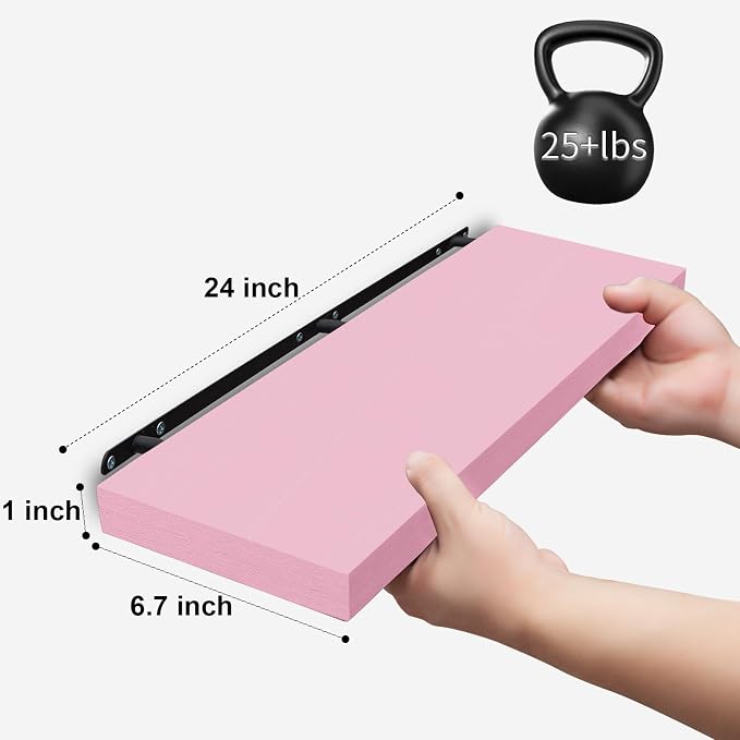 SAUMONIERES 24 Inch Floating Wall Shelves for Bedroom Bathroom Wall Mounted Solid Wood Shelf Storage Decor Set of 2, Pink Floating Shelves