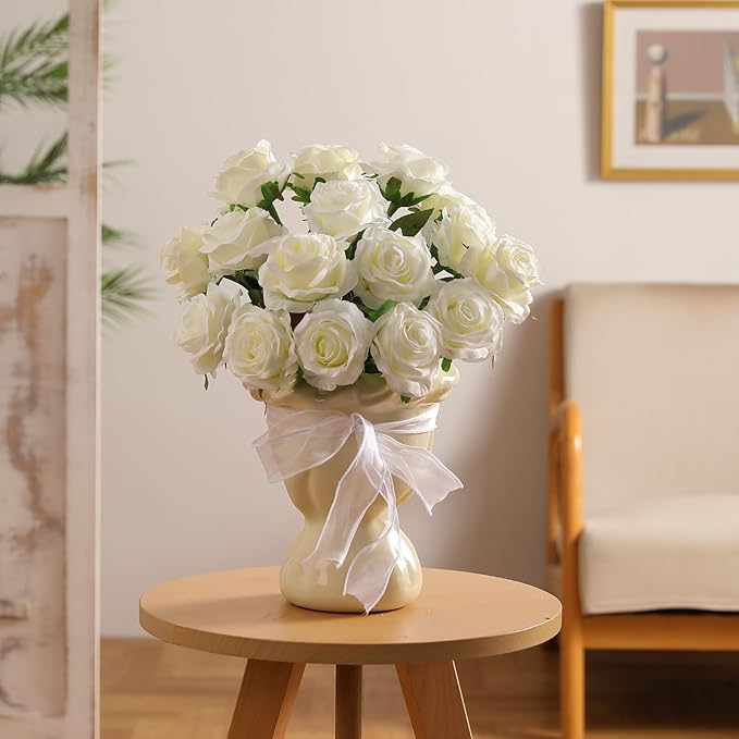 Kisflower 60 Pcs White Roses Artificial Flowers Bulk, Silk Roses with Stem Realistic White Artificial Roses for Decoration DIY Wedding Bouquet Bridal Shower Party Home Table Centerpieces Decor (White)