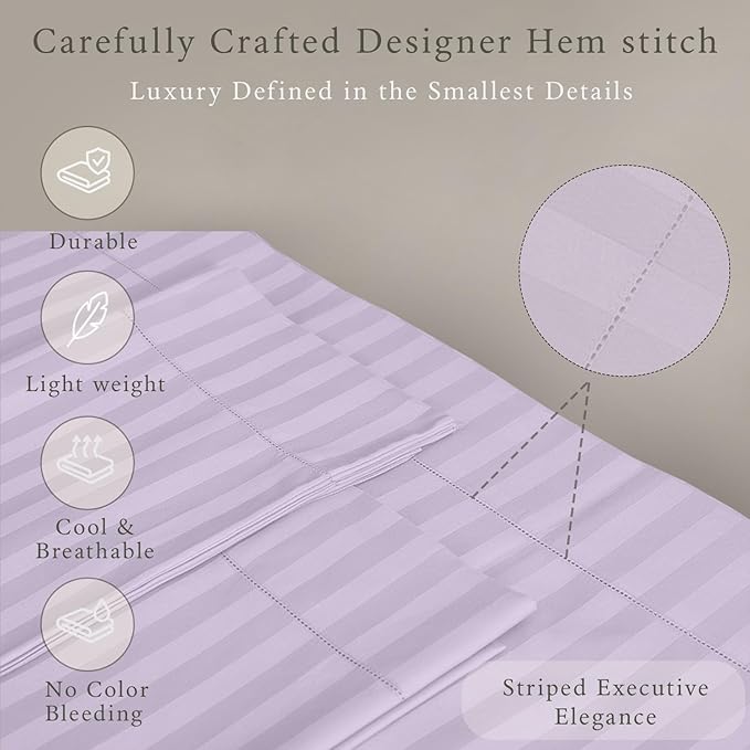 Threadmill 500 Thread Count King Size Damask Stripe, 4 Pc Luxury Cotton Bed Sheet Set, Silky Soft & Breathable Lilac Sheets with 16" Elasticized Deep Pocket, 2 Pillowcases & Free Tote Bag