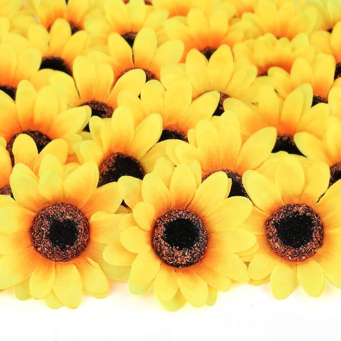 Mocoosy 100 Pcs Sunflowers Artificial Flower Heads, 2.8 Inch Fake Sunflowers Bulk, Yellow Silk Sun Flower Head Decorations DIY Floral Crafts Wedding Arrangement Baby Shower Party Home Decor