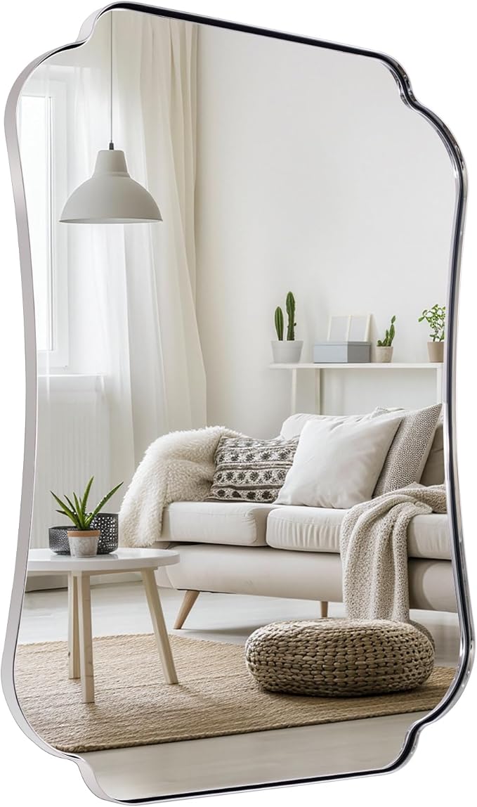 ANDY STAR Brushed Nickel Mirror 30x36 Inch, Bathroom Mirror for Wall, Large Scalloped Wall Mirror in Anti-Rust Stainless Steel Metal 1’’ Frame