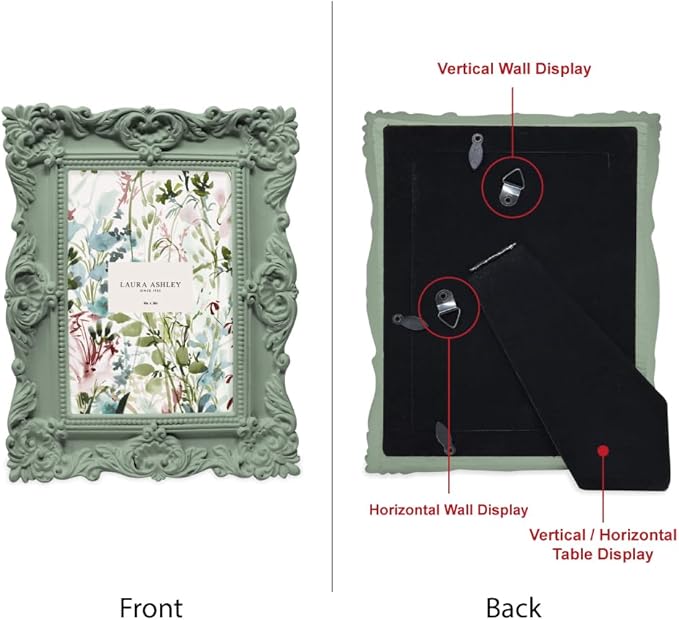 Laura Ashley 4x6 Matt Rosemary Ornate Textured Hand-Crafted Resin Picture Frame with Easel, for Tabletop & Wall Display, Decorative Floral Design Home Décor, Photo Gallery, Art (4x6, Matt Rosemary)
