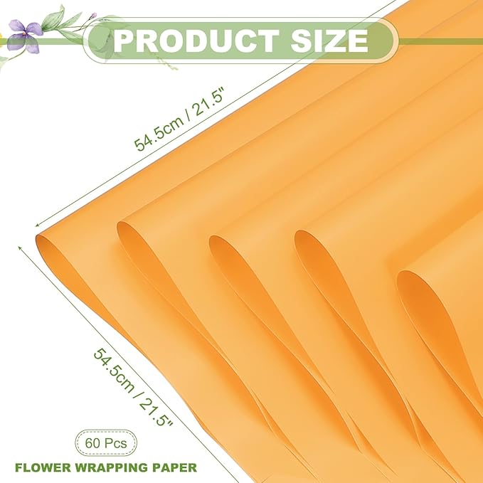 uxcell 60 Sheets Flower Wrapping Paper, 21.5" x 21.5" Waterproof Floral Bouquet Wrapping Papers Florist Supplies for Wedding Party Gift Packaging DIY Crafts, Light Orange