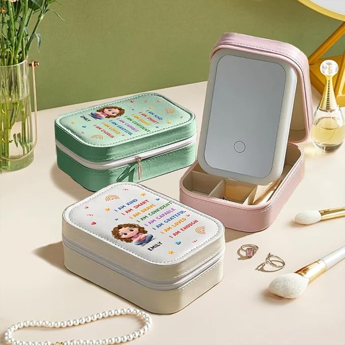 Wrappiness Girls & Women Lovely Makeup Box With LED Mirror - Personalized Jewelry Box Organizer Portable Ideal for Travel, Gift for Daughters Sisters Friends (Kind Smart Loved, Toddler Girls)