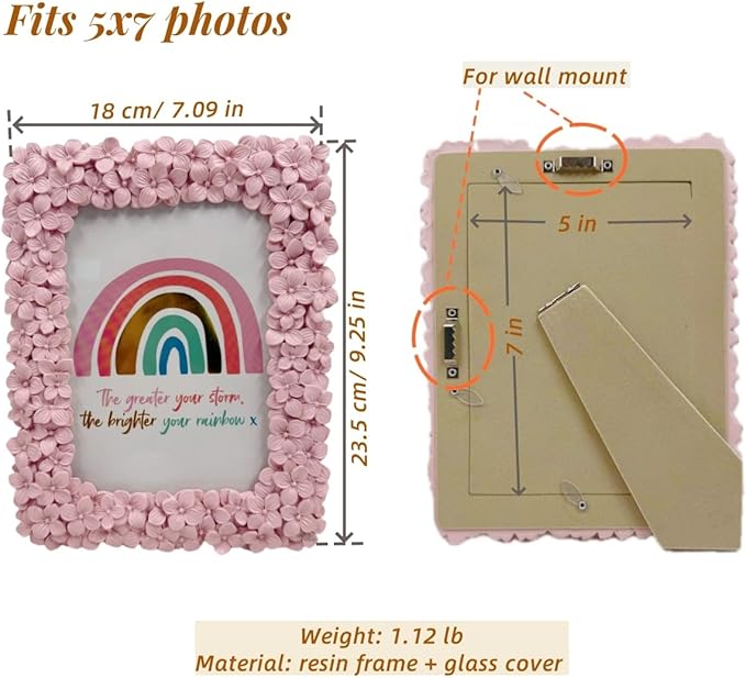 5x7 Ornate Picture Frame Embossed Flower Art Deco Photo Frames 5 x 7 Floral for Wall and Tabletop Display with Glass Retro Home Decor(Pink)
