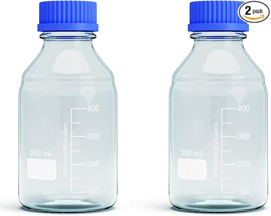 500ML Storage Glass Bottles – 2pcs Round Media Storage Bottle – Borosilicate Glass Bottles – Safe Probe Storage Glass Storage Bottles with GL45 Blue Screw Cap (500ml - 2pcs)