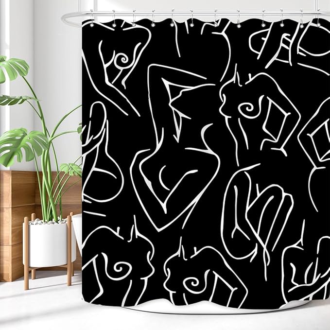 Black White Shower Curtain Abstract Woman Naked Nude Line Minimalist Sexy Girls Modern Art Decor Aesthetic Fabric for Home Bathroom Waterproof Fabric 72Lx60W Inch with Plastic 12PCS Hooks
