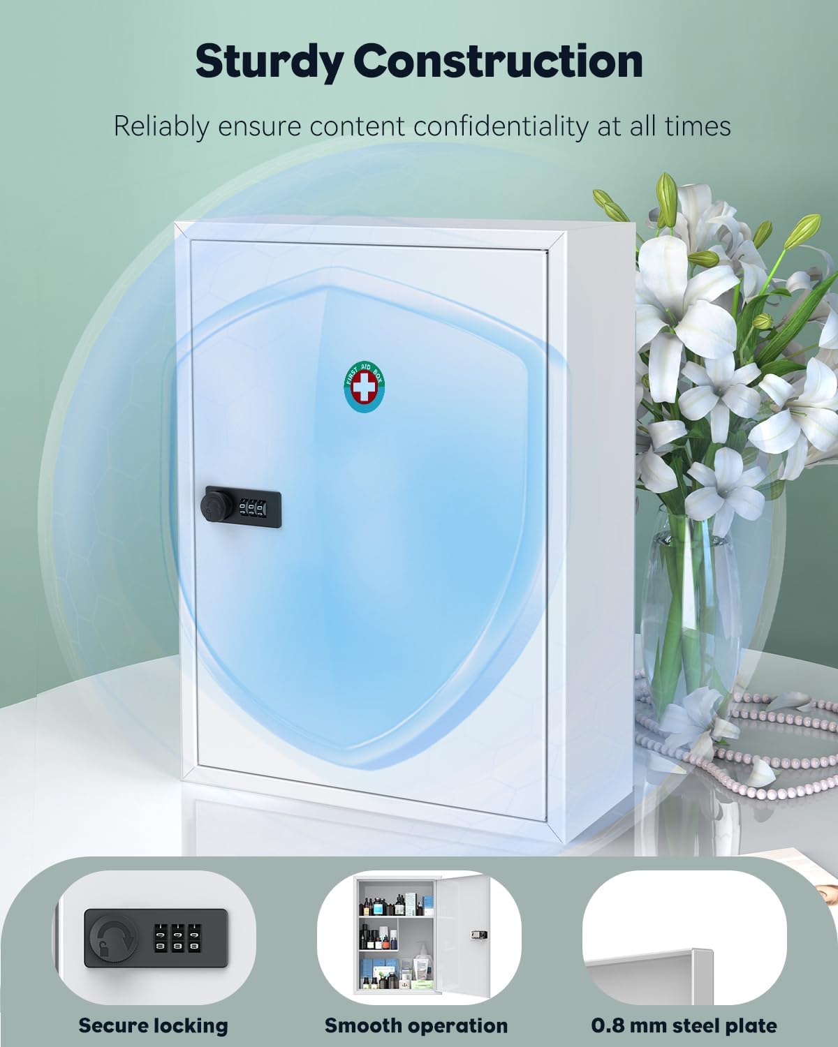 Uniclife Wall Mount Medicine Cabinet - Locking First Aid Organizer with Combination Lock | Large White Steel Storage Box