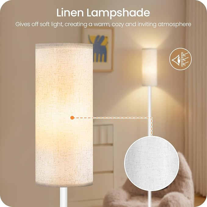White Floor Lamps for Living Room with Remote and Foot Switch, 64.4” Modern Standing Tall Lamp, Dimmable Corner Lamp for Bedroom, Office, Bulb Included, 3000K-6500K, FCC Listed WW06LD05W1