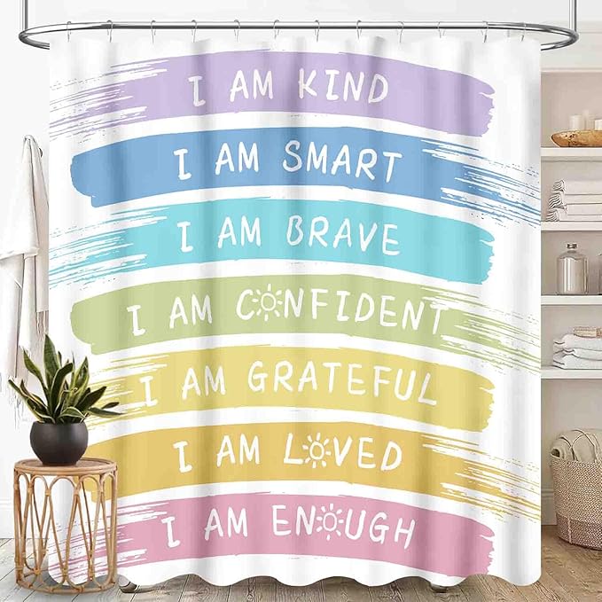Rainbow Shower Curtain for Girls Bathroom, Kids Baby Boho Cute Inspirational Motivational Quotes Bohemian Cartoon Colorful Pastel Waterproof Fabric Shower Curtain Set with Hooks, 72"x72" Inch