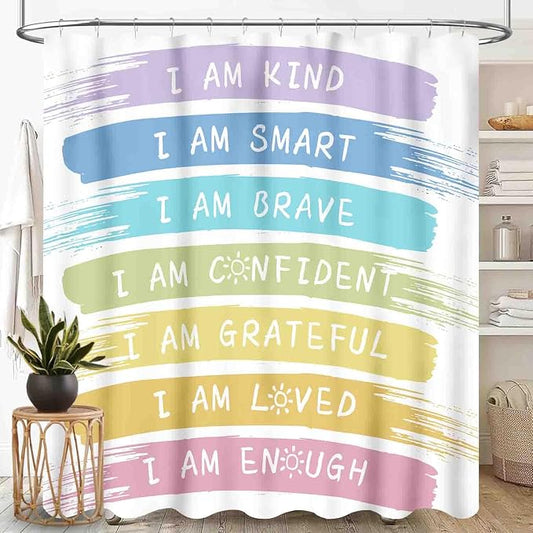 Rainbow Shower Curtain for Girls Bathroom, Kids Baby Boho Cute Inspirational Motivational Quotes Bohemian Cartoon Colorful Pastel Waterproof Fabric Shower Curtain Set with Hooks, 72"x78" Inch