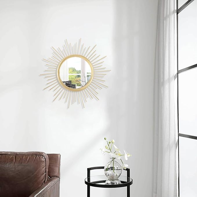 Gold Sunburst Mirrors for Wall Decorative Metal Round Art Mirrors Large Wall Decor Hanging Mirror for Bathroom Bedroom Living Room Vanity Entryway 16"