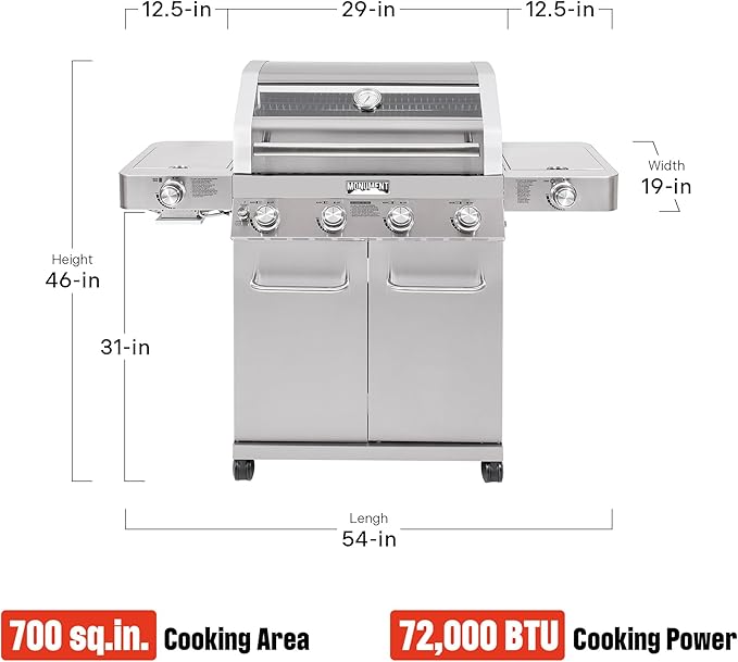 Monument Grills Larger 4-Burner Propane Gas Grills Stainless Steel Cabinet Style with Infrared Side Sear & Side Burners Knob Controls Built-In Thermometer with Stainless Steel Rotisserie Kit(2 Items)