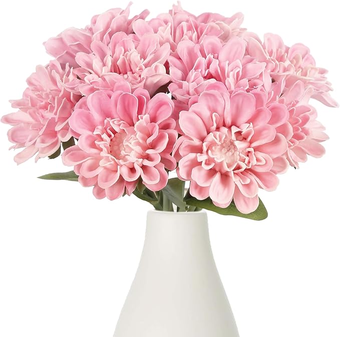IPOPU 10pcs Pink Dahlia Artificial Flowers 13inch Fake Dahlia Flowers PU Chrysanthemums Flower Faux Mums Flower with Stem for Home Wedding Office Table Centerpiece Floral Arrangement Decor(Pink)