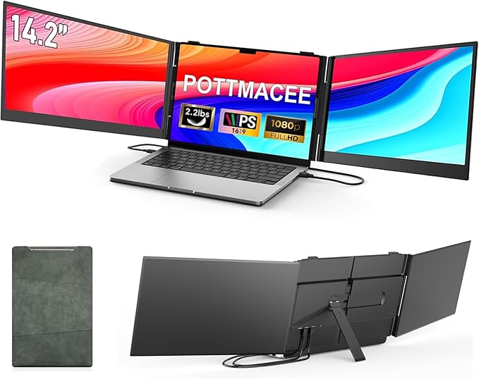 POTTMACEE 14.2’’ Triple Laptop Screen Extender, 0.17" Ultra-Slim FHD 1080P Portable Monitor for Laptop, Tri-Screen Travel Monitor Extender, Plug-Play for Windows/Mac/Chrome, Fit 13”-17.3” Laptops