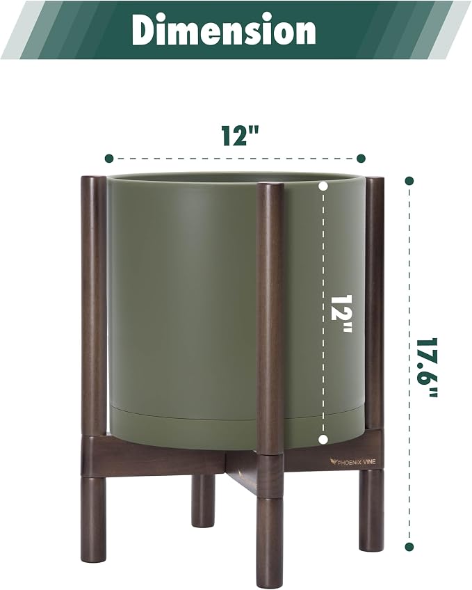 D'vine Dev Planter Pot with Stand - 12 Inch Plastic Cylinder Flower Pot with Wood Planter Holder for Indoor, Olive Pot + Walnut Color Stand, 55-C-O-3