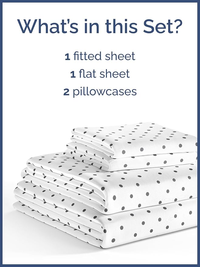 Kids Full Size Polka Dots Bed Sheets - 4 Piece Kids Black Dots Sheet Set - Spotty Patterned Bedding - Soft & Cozy - Breathable & Machine Washable - Easy-Care Bed Set for Boys, Girls, Teens & Toddlers