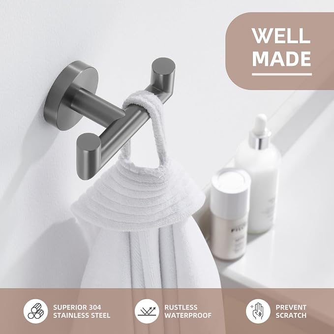 Angle Simple Double Towel Hook, SUS304 Stainless Steel Bathroom Robe Hook for Wall, Hand Towel Holder, Gunmetal Gray