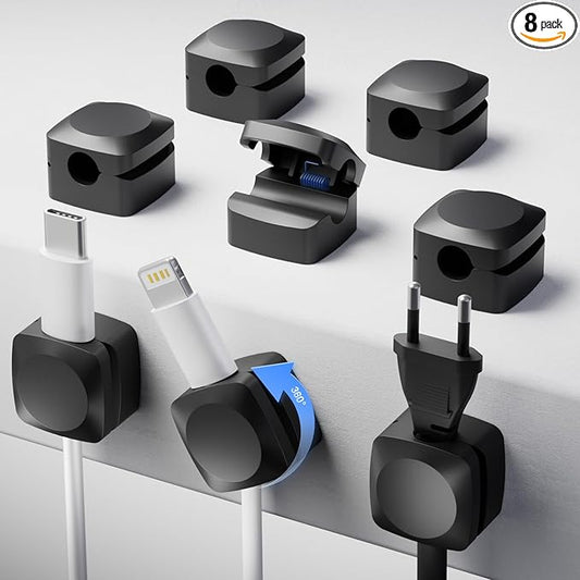 Rotatable Cord Organizer, Enhanced Spring Cable Clips, Strong Adhesive Cable Management, Desk Cord Holder for Nightstand, Office Accessories and Car (8*Black)