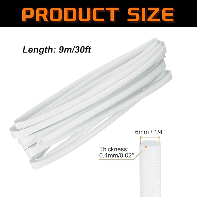 MECCANIXITY 30ft Braided Cable Sleeve, 1/4" ID 200C High Temperature 1500V Fiberglass Wire Insulation Cord Protector Organizer Wires Management for Motor Engine Fuel Line, White