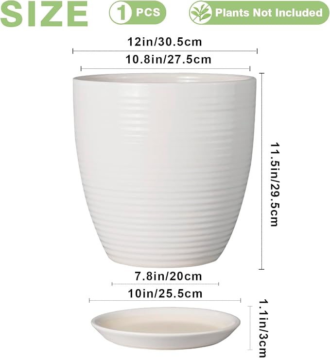 12 Inch Ceramic Planter Pot, Large Planter with Drainage Hole and Saucer Round Flower Pot for Indoor Outdoor Plants, White